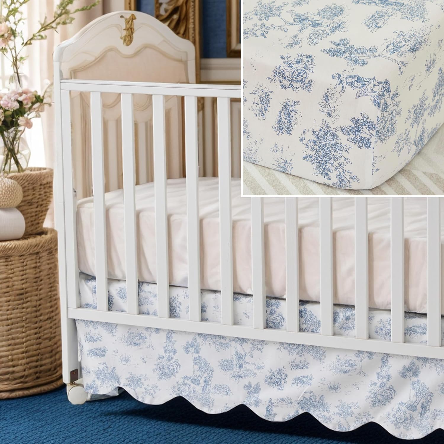 Brandream Crib Sheet & Crib Bed Skirt Scallop Edge Toile French Country Chic 100% Cotton Baby Nursery Bedding Set