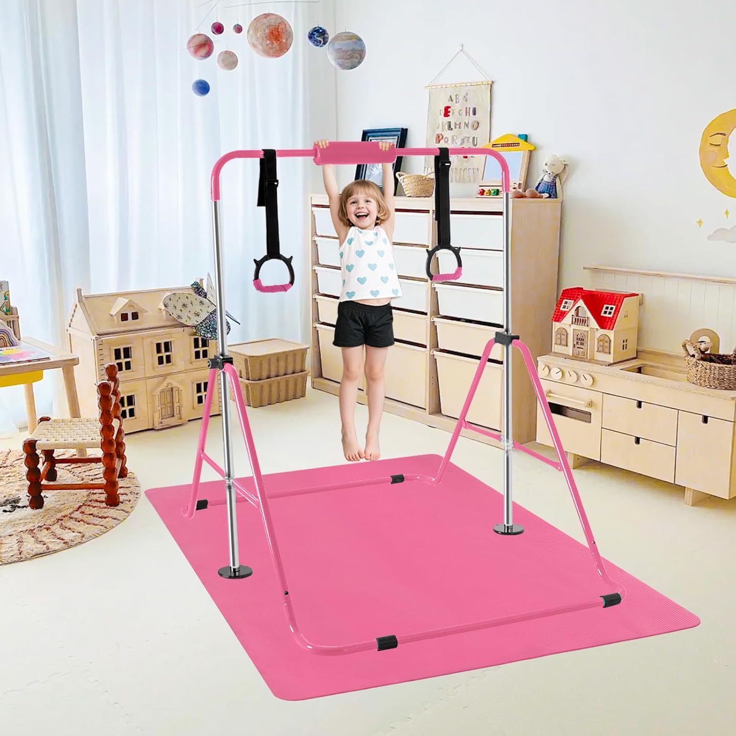 Gymnastics Bar for Kids,Folding Gymnastic Training Kip Bar with Rings,Gymnastics Equipment for Kids,5-Level Adjustable Height Fitness Equipment for Indoor/Outdoor/Home/Training