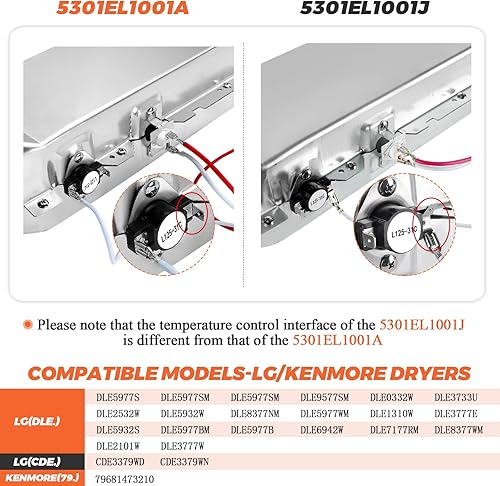 Miniatura 5 de Beaquicy 5301EL1001A 5301EL1001H Conjunto de elemento calefactor para secadora LG Kenmore - Reemplaza 5301EL1001J 5301EL1001G 5301EL1001G