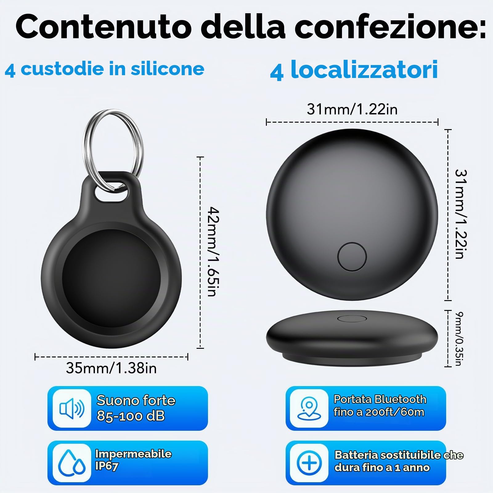 Air Tracker Tag-4 Pezzi, Smart Tag Compatibile con Apple Find My (Solo IOS), Bluetooth Localizzatore per Portafogli, Chiavi, Zaini, Bagagli, 100dB Bip, Batteria Sostituibile, IP68 impermeabile