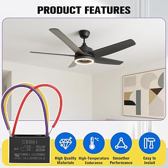 PODOY Ceiling Fan Capacitor 1.5uf+3uf for CBB61 1.5uf+3uf 3 Wire (Pack of 2)