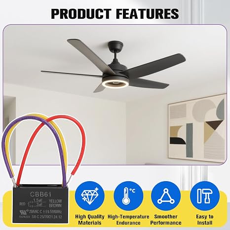 PODOY Ceiling Fan Capacitor 1.5uf+3uf for CBB61 1.5uf+3uf 3 Wire (Pack of 2)
