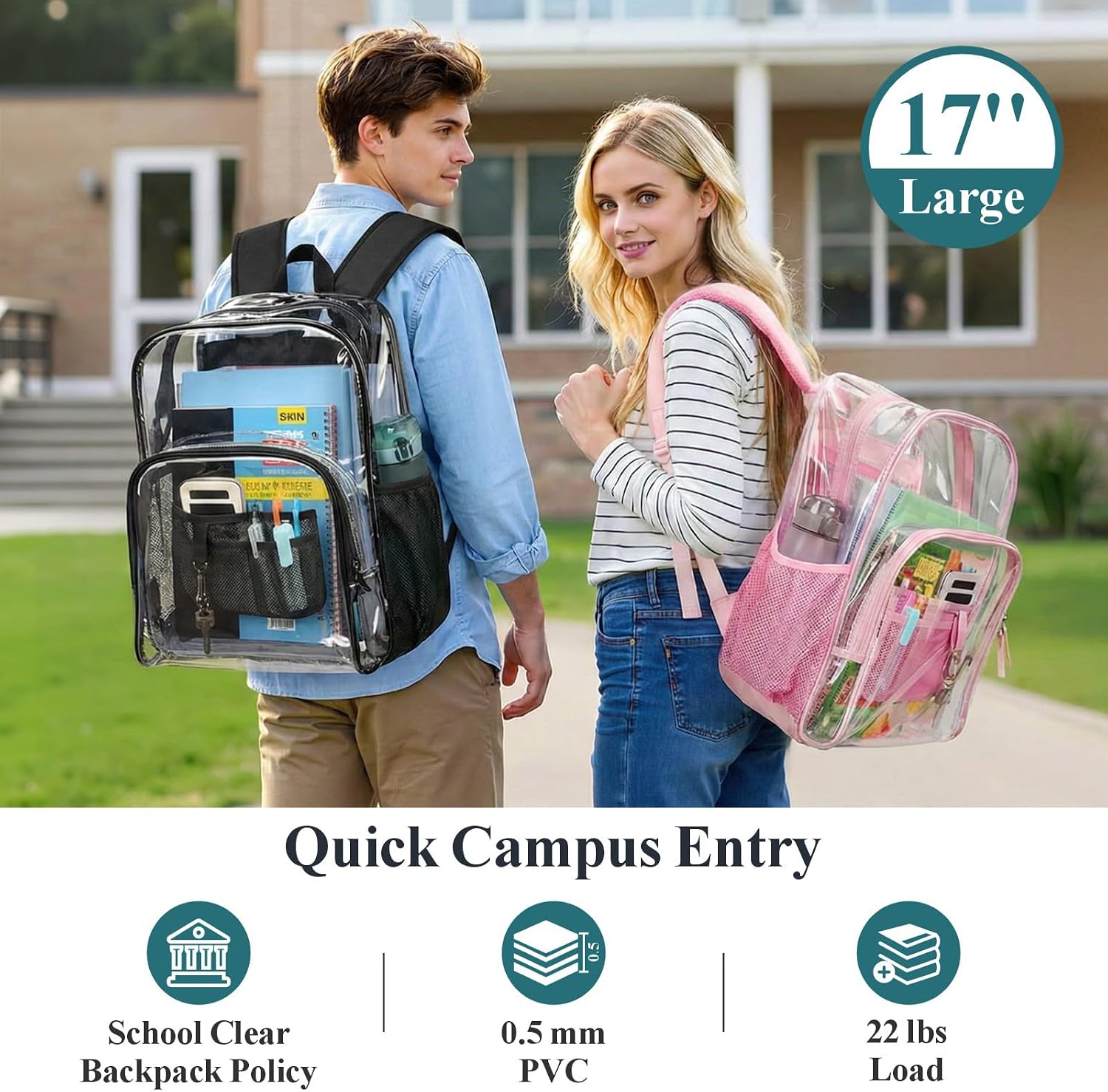 Clear Backpack for School - 17 inch Heavy Duty Clear Bookbag | Reinforced Stitching, 900D Oxford Base, Padded Straps, 0.5mm Thick PVC, Fit 16" Laptop, Support 22 lbs. Age 12+ Students thumbnail