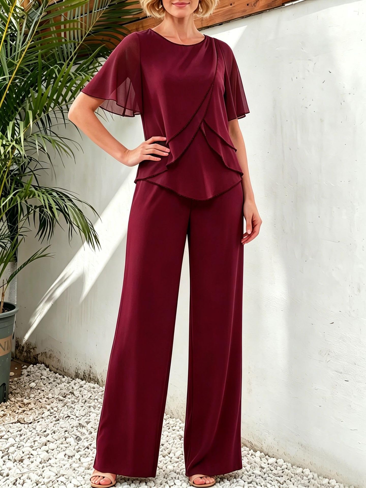 Completo Donna Elegante Completo Da Donna A Due Pezzi Per Matrimonio Abito Formale Tailleur In Chiffon Con Pantaloni Per La Madre Della Sposa Elegante Top A Maniche Corte A Strati E Pantaloni A Gamb