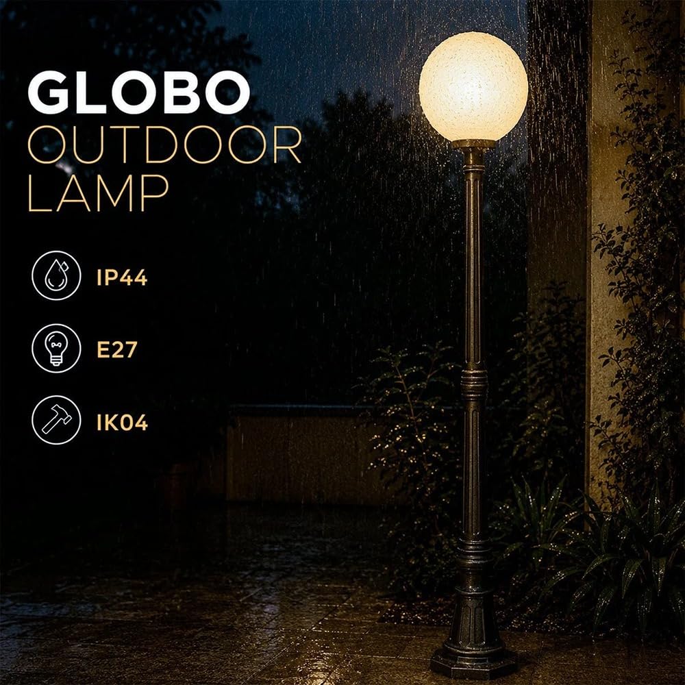 BARCELONA LED Lampa Ogrodowa Kula E27 2,10m IP44 Klasyczna | Ponadczasowy Styl,Dyfuzor Opalowy,IK04,Sześciokątna Podstawa,Odporna Żywica,Ogród Zewnętrzny