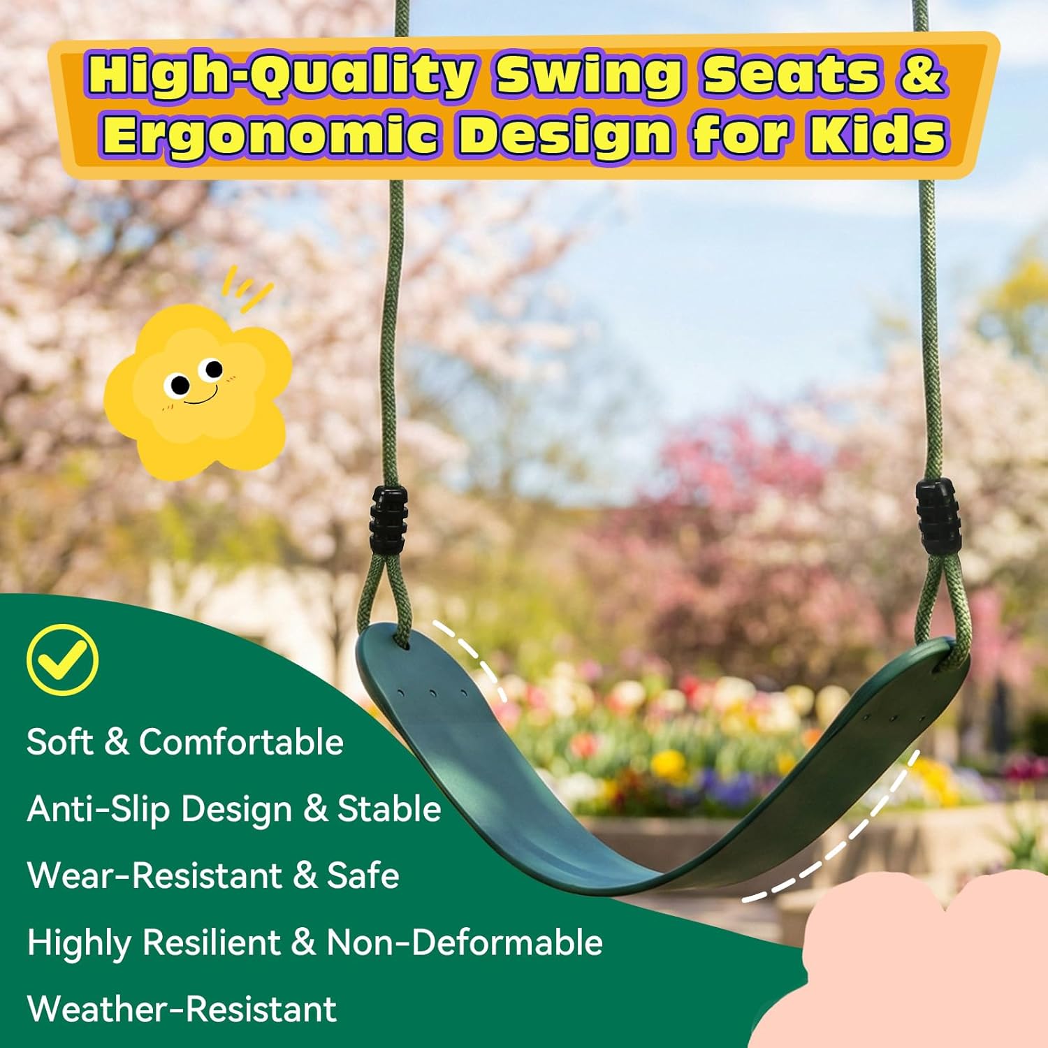 HeyZoo Heavy Duty Kids Swing Seat with 79" Adjustable Rope, 330 lbs Capacity Swing Set Accessories Replacement with 2 Carabiners and 2 Extra Hanging Straps, Outdoor Playground Gifts, Green 1 Pack