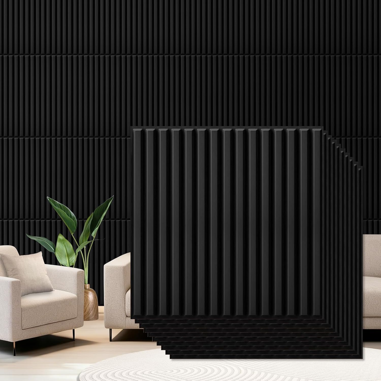 Qidejoy 12 Pcs 3D PVC Slat Wall Panels, 2x2 FT Decorative Drop Ceiling Tiles, Fluted Textured Paneling Modern Cuttable DIY Wall Art for Interior Decor, Living Room, Bedroom, Bathroom, Kitchen (Black)
