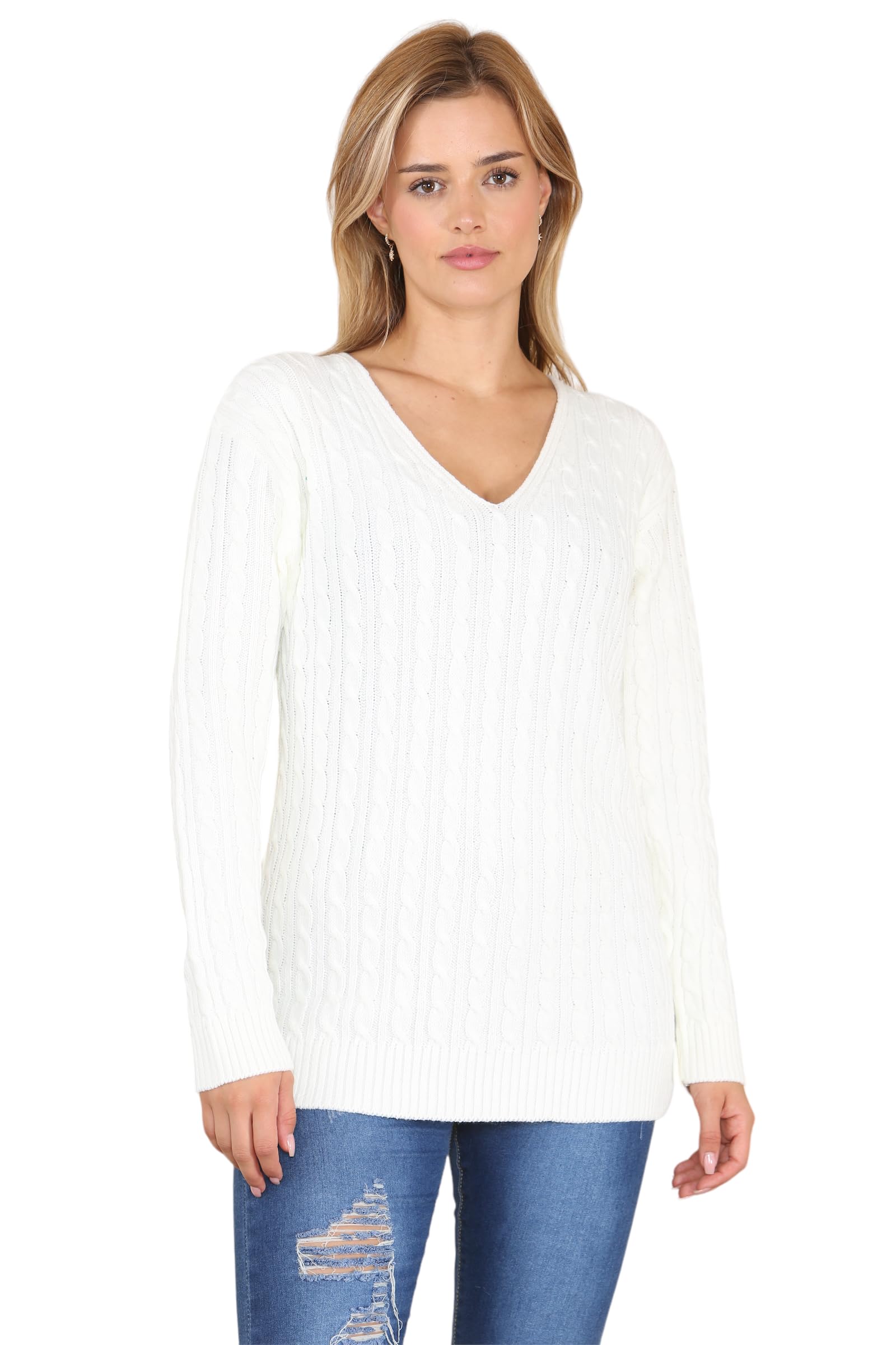 WearAll Women's Plus Cable Knitted Long Sleeve V-Neck Sweater Top Ladies Stretch Jumper - Cream - 20-22