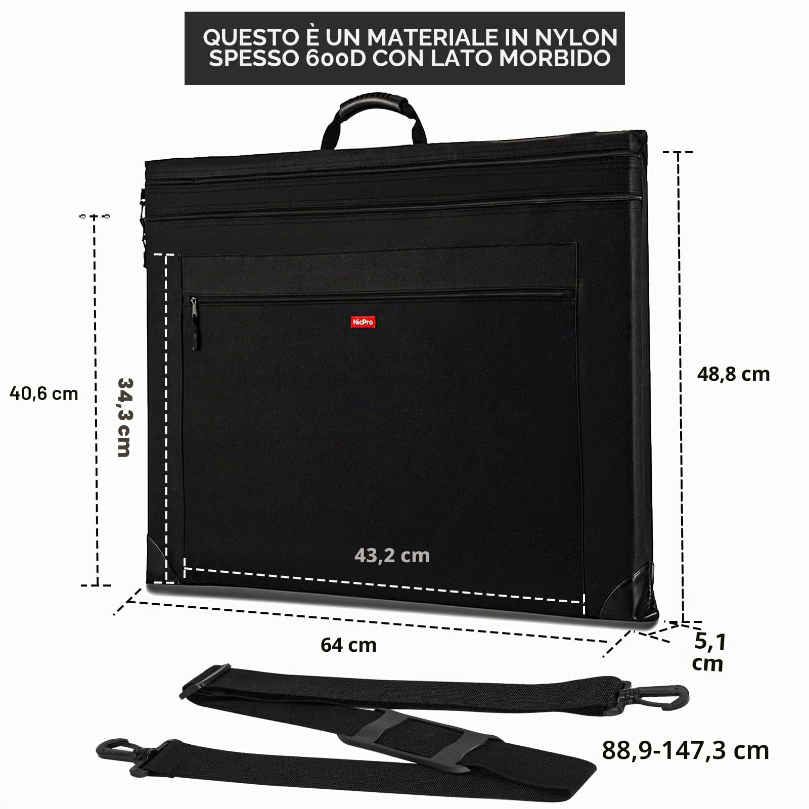 Nicpro borsa portfolio leggera, 49 × 65 cm, art portfolio case con tracolla removibile, angoli in pelle, custodia per il trasporto e la conservazione di opere d'arte, poster, schizzi e disegni