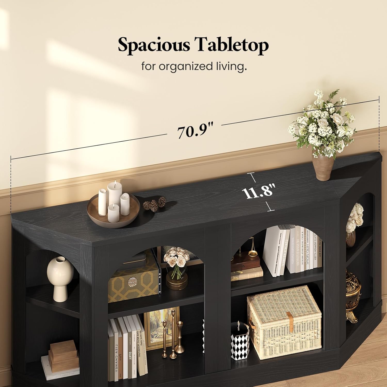 70.9" Extra Long Console Table with Shelves, Black Entryway Table, Farmhouse Arched Console Table, Sofa Table for Living Room, Entryway, Black
