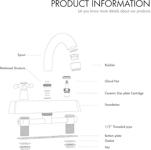Miniatura 8 de SOLVEX SP-40005 - Grifo de baño de 2 manijas de 4 pulgadas, grifo de baño de 3 agujeros, cromado, grifo de lavabo de baño con mango cruzado montado