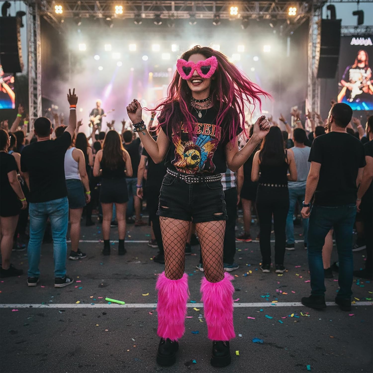 Women Furry Leg Warmers & Fuzzy Sunglasses, Funky Fluffy Boot Cover Cuffs