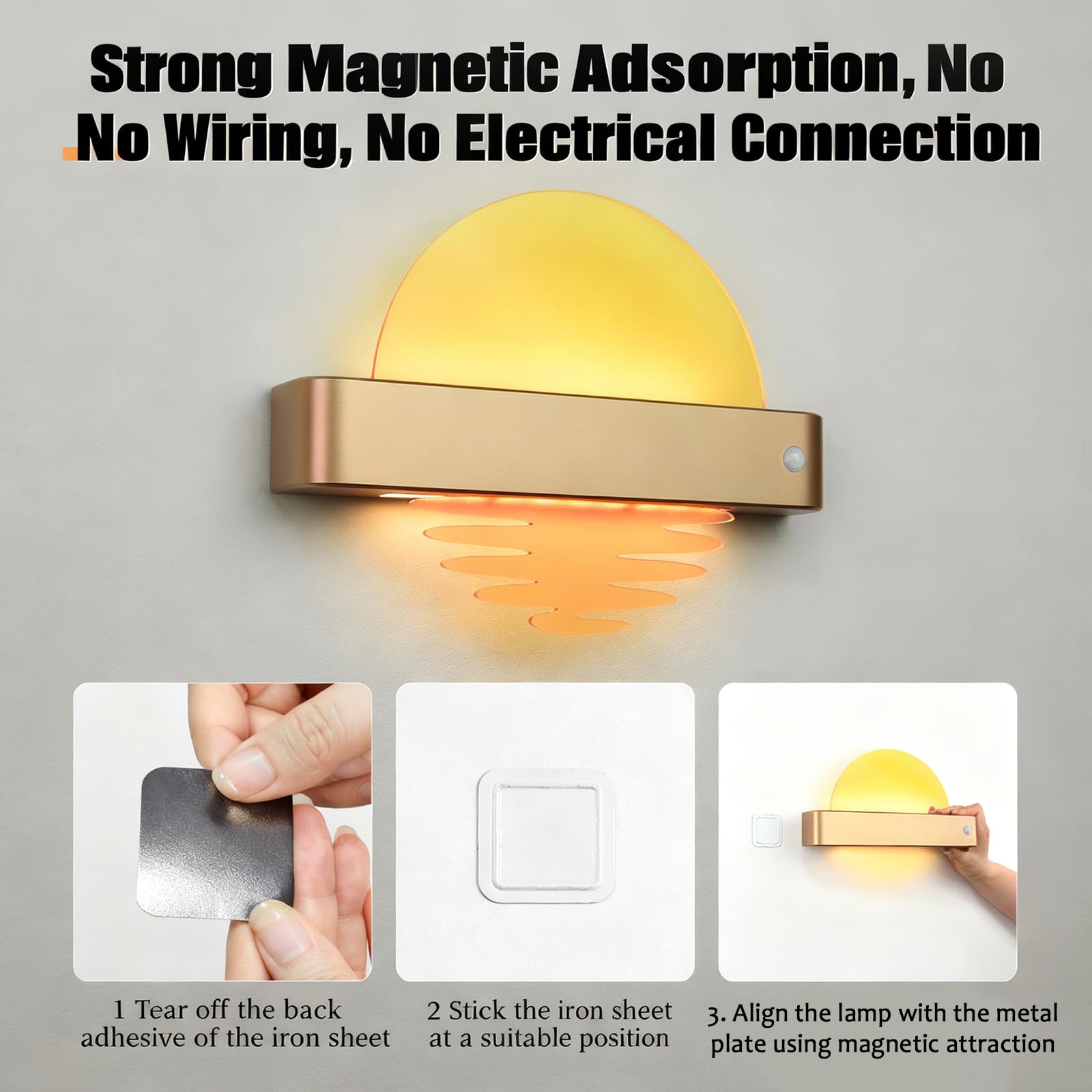 Luz Nocturna LED – Lámpara De Pared Recargable con Sensor De Movimiento Y Montaje Magnético, Instalación Sin Taladros, Creatividad, Amanecer Y Atardecer, Luz Ambiental Cálida para Dormitorio
