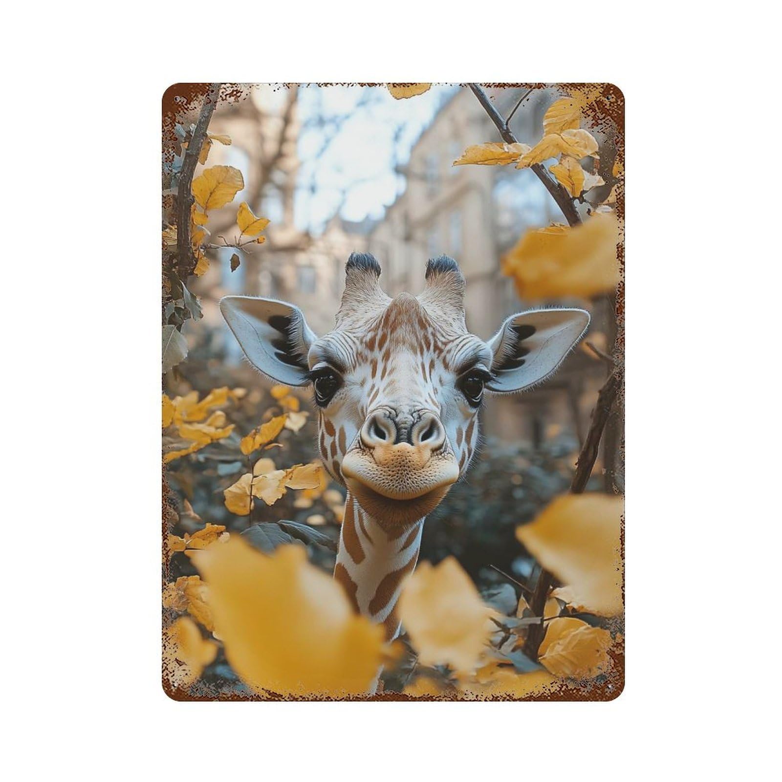 Giraffe Portrait with Autumn Leaves Rust Effect Tin Sign 15.7"x11.8", Vintage Wall Decor for Garage, Pub Or Kitchen
