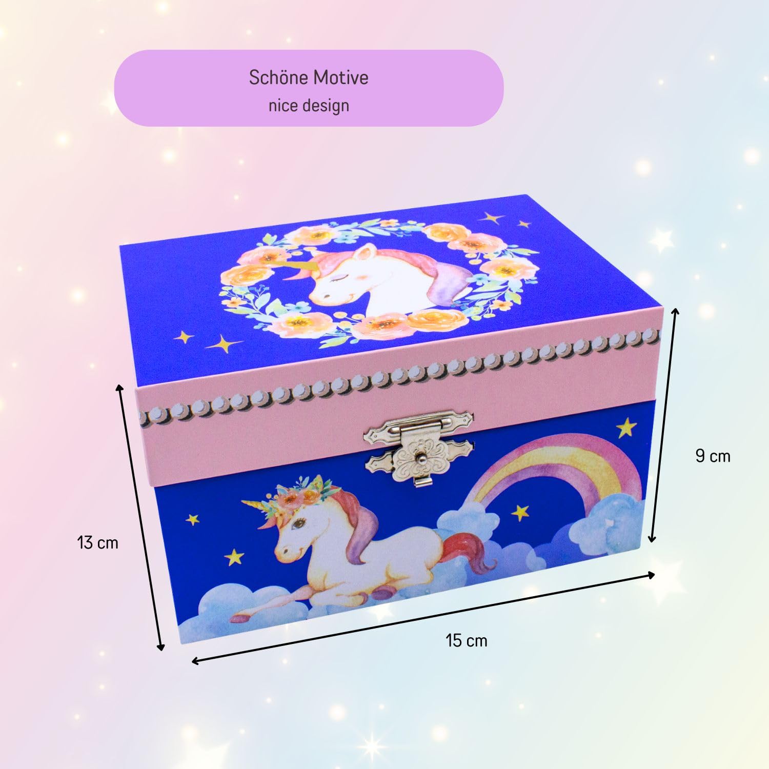 Caja musical joyero para niñas, joyero azul, unicornio, melodía: lago de los cisnes – 92060