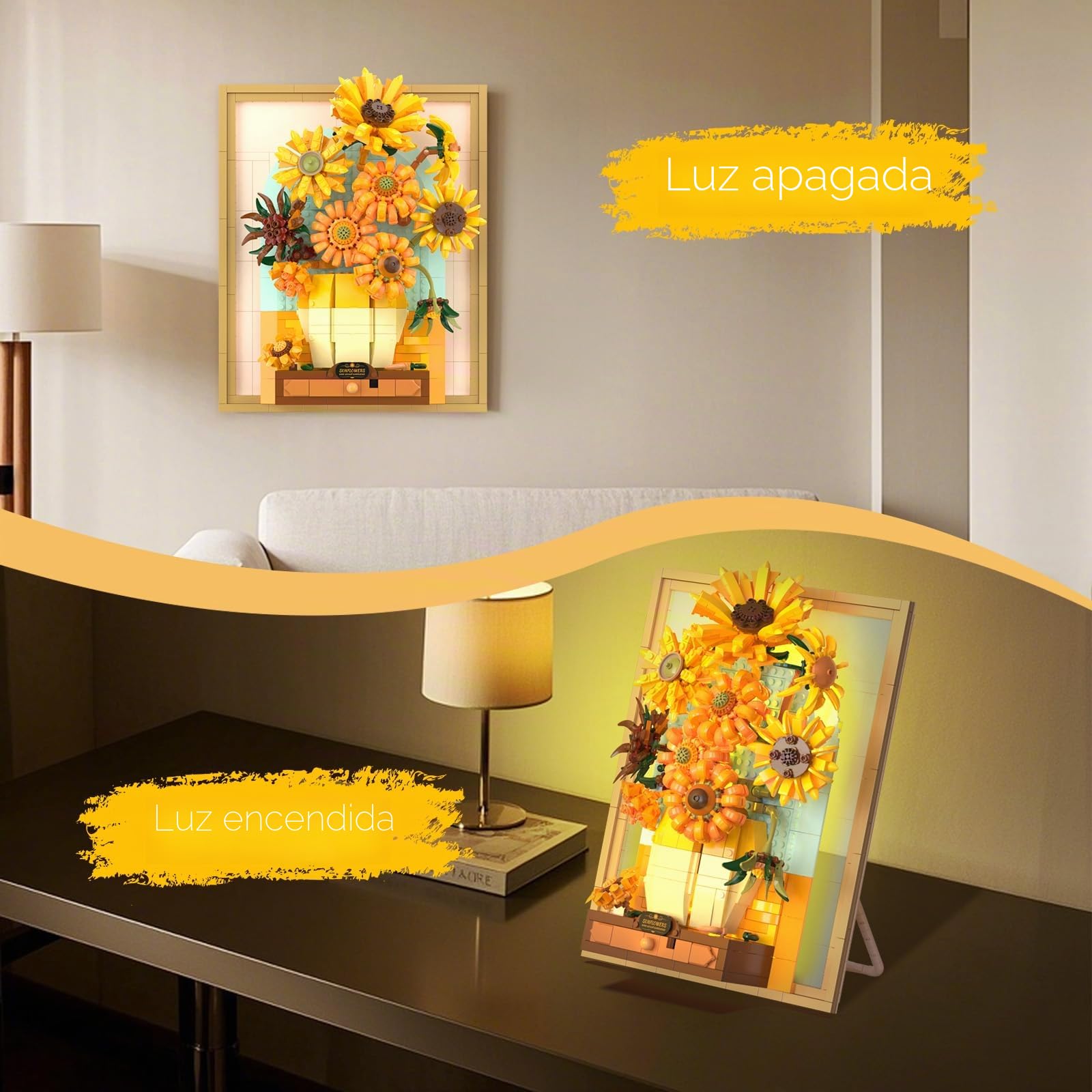 Conjuntos de bloques de construcción Brihappen, juguetes de construcción de pintura de girasoles de Van Gogh con luz sensora, 1166 piezas de arte mural 3D enmarcado para adultos, kit de modelo DIY