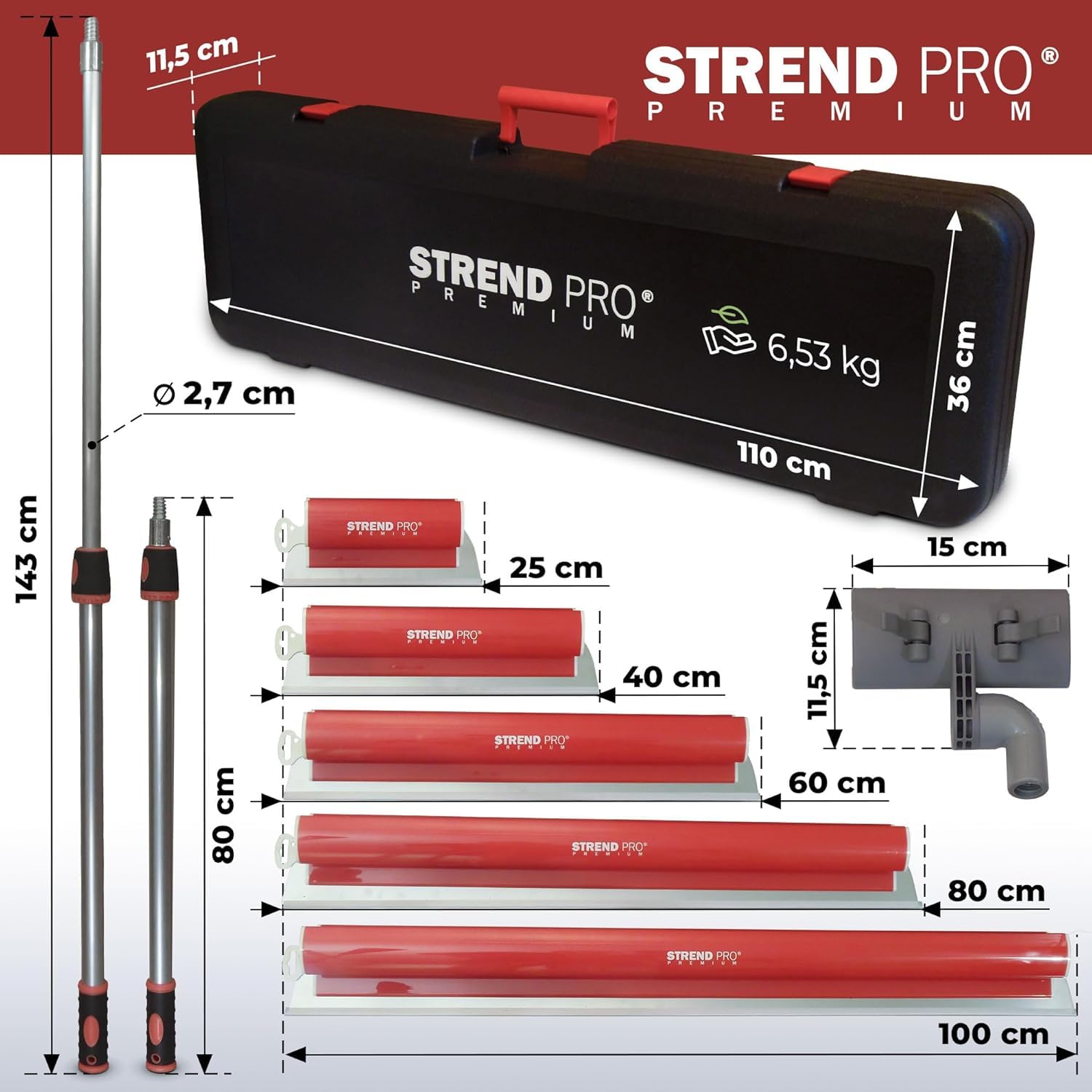 STREND PRO Flächenspachtel Set PREMIUM V2 | inkl. Fassadenspachtel 1000mm, 800mm, 600mm, 400mm, 250mm Glättspachtel, Teleskopgriff, Transportkoffer | PROFI Z Spachtel Set für Trockenbau, Verputzer