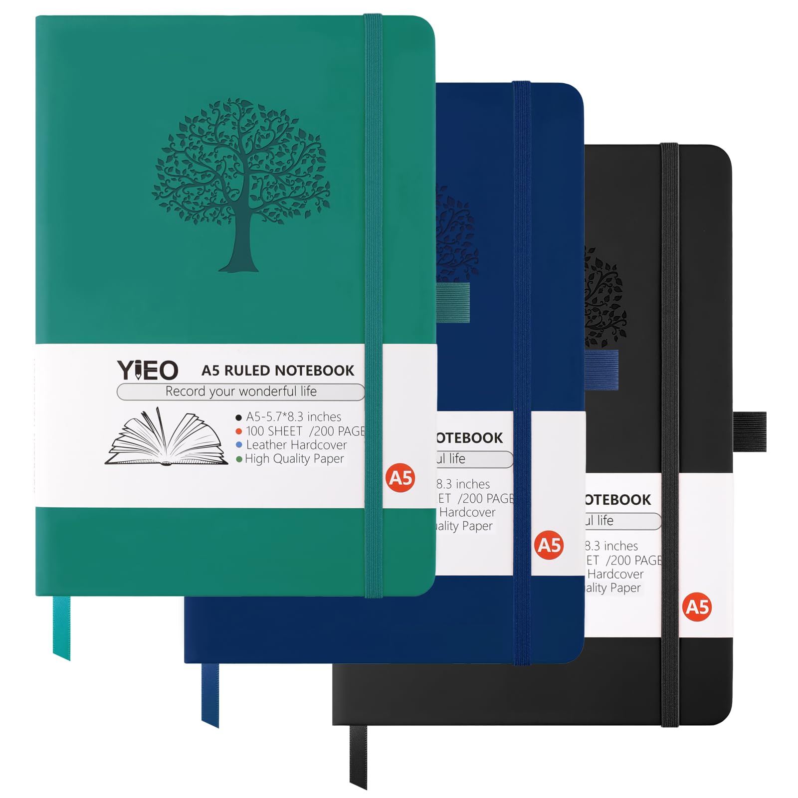 YIEO A5 Journal Notebook, 3 Pack Leather Notebook Journal for Men/Women, Hardback Note Book with 80GSM Lined Paper, No Bleed for Writing, Notepad for Office School Supplies(Black, Darkblue, Darkgreen)
