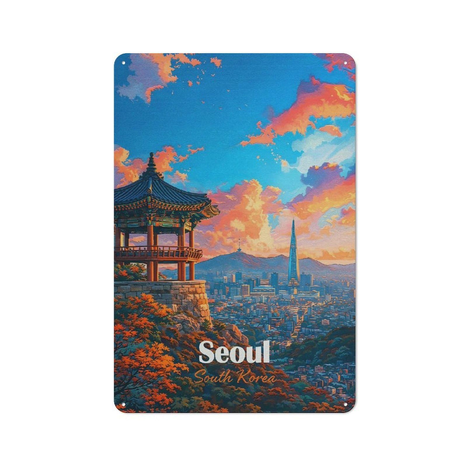 Junmoney Style-1 Seoul Cityscape With Traditional Pavilion Retro Metal Sign 30X20cm For Garage Or Workshop, With Clear Retro Wall Decor Character