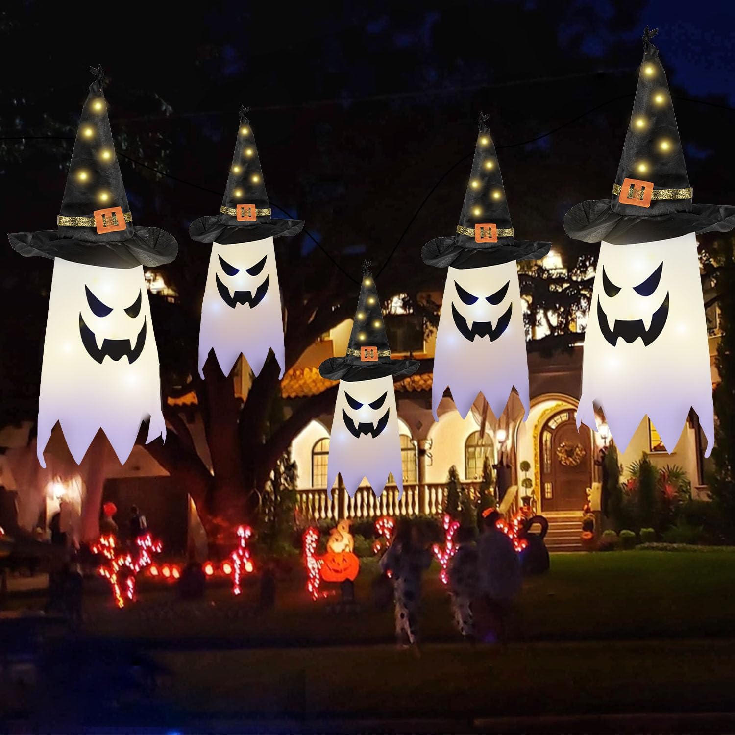 Halloween Decorations Outdoor, 5 PCS Hanging Lighted Glowing Ghost Witch Hat Outdoor Ornaments, Halloween Decor for Party Home Tree Garden Yard Party Favors