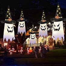 Halloween Decorations Outdoor, 5 PCS Hanging Lighted Glowing Ghost Witch Hat Outdoor Ornaments, Halloween Decor for Party Home Tree Garden Yard Party Favors