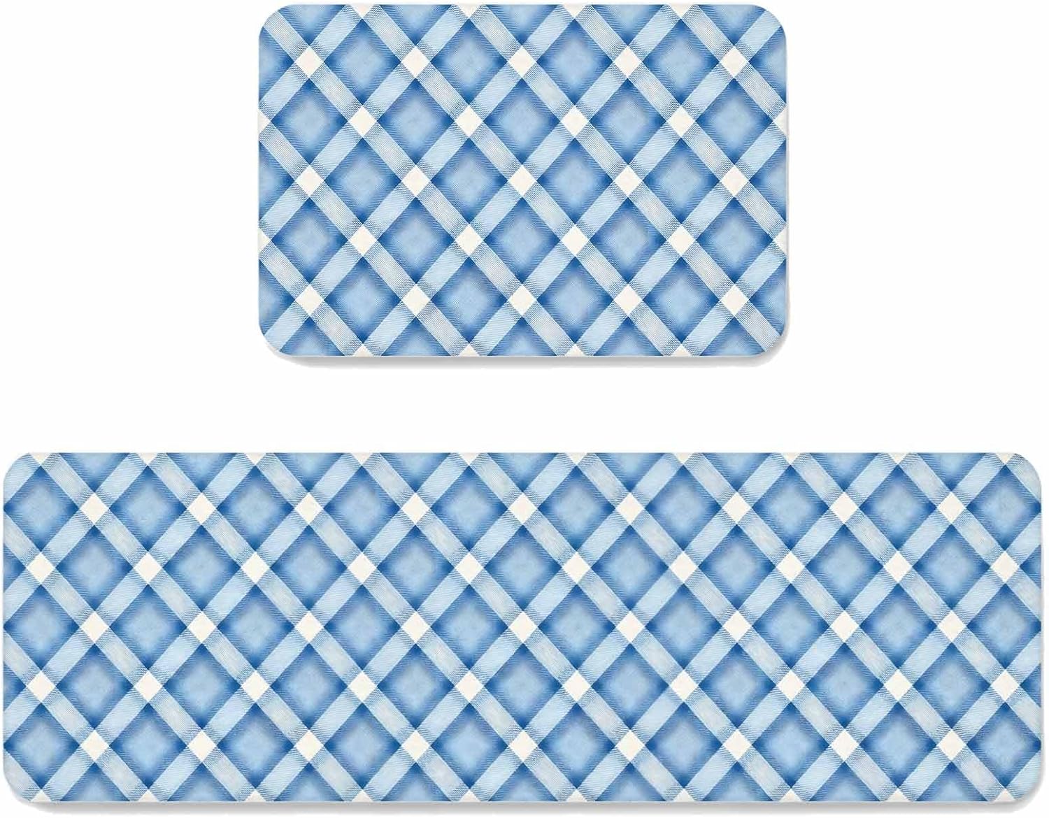 Prime Leader Blue Checkered Kitchen Mat Set 2 Pieces Modern Minimalist Watercolor Country Farm Non Slip Kitchen Rugs Washable Runner Rug Mats for Sink Laundry (19.7" x 31.5"+19.7" x 47.2")