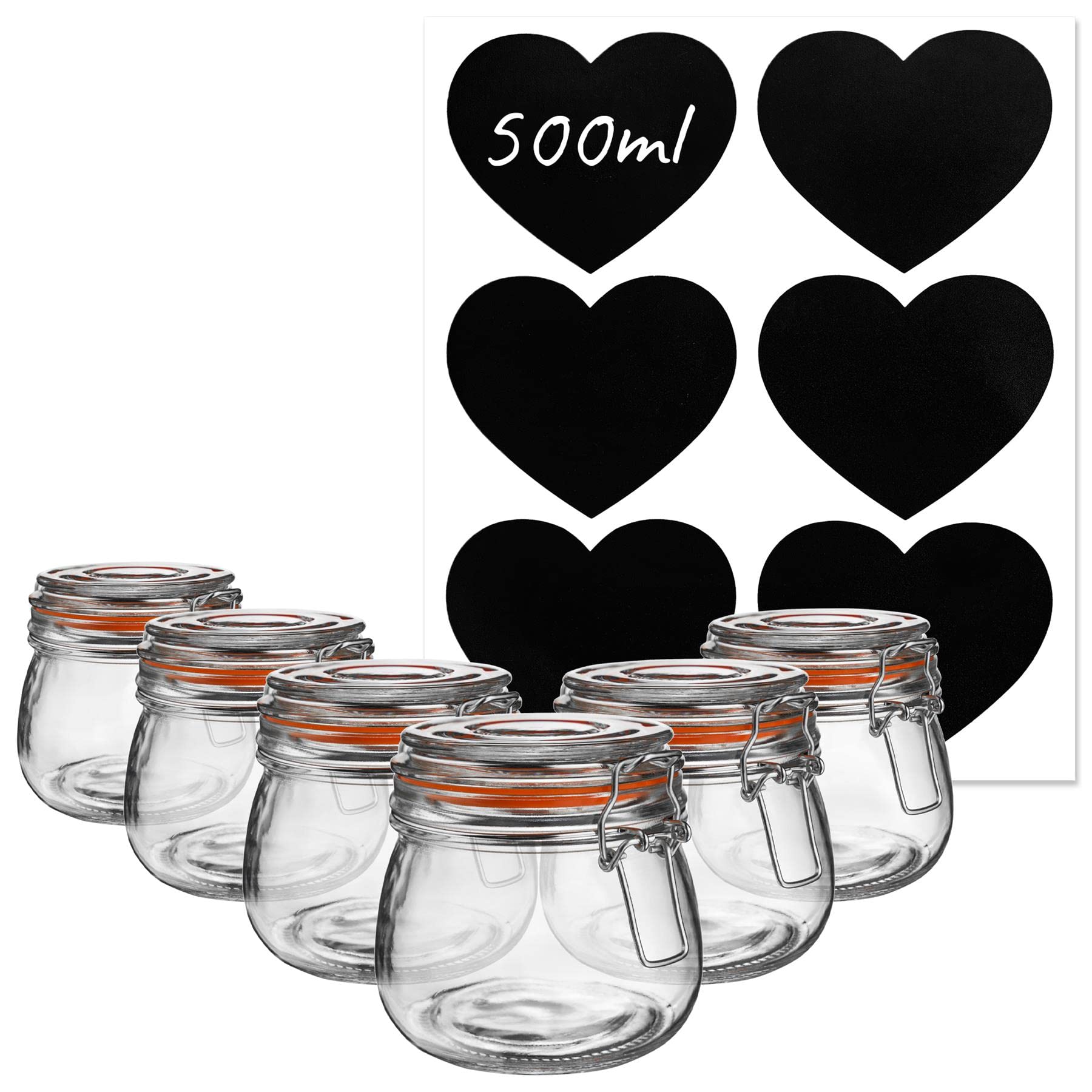 Argon Tableware Glass Storage Jars With Heart Labels - 500Ml - Clear - Pack Of 6, Clear