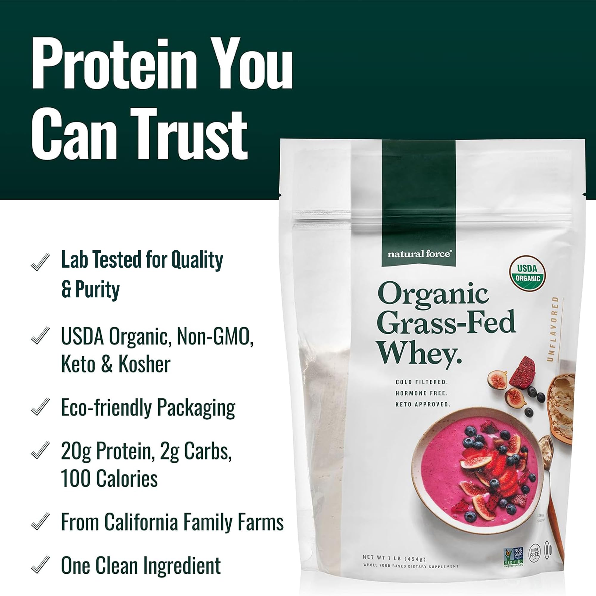 Natural Force Grass Fed Organic Whey Protein Powder - Non GMO, Keto Friendly, Low Carb, Kosher - Lab Tested for Toxins - Pure & Unflavored - 16 oz. — Amazon image 3