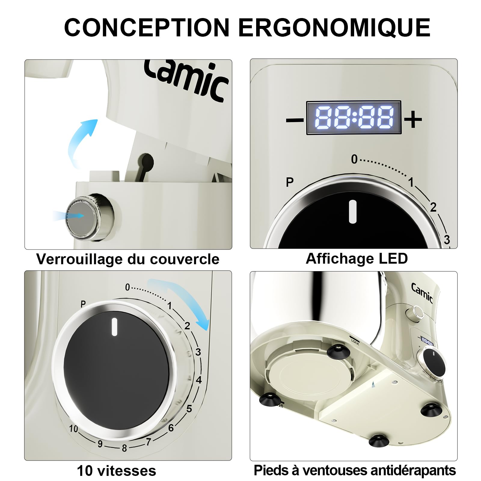 Camic Robot Pâtissier avec 3 Accessoires (Pétrissage, Mélange, Fouet), Robot Patissier avec écran LED, Minuterie, 10 Vitesses, 2 Bols en Acier Inoxydable (4 L + 5 L), pour Pâte, Pain, Pizza, Pâteaux