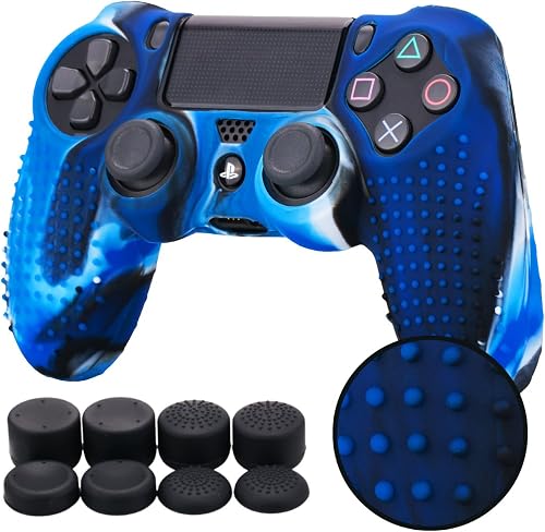 STUDDED silicone cover skin anti-slip for PS4/ SLIM/ PRO controller x 1(camouflage blue) + FPS PRO thumb grips x 8