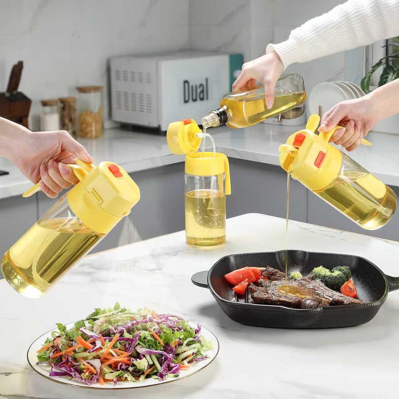 18oz/500ml High Borosilicate Glass Olive Oil Sprayer for Cooking with Labels, 2-in-1 Oil Dispenser for Kitchen Essentials with Portion Control for Frying, BBQ, Salad (Black)