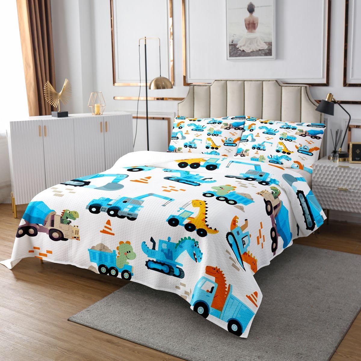 Homewish Cute Dinosaur Car Bedspread Queen Size,Excavator Tractor Truck Quilt Sets 3Pcs for Kids Teens Youth Room Decor,Construction Vehicles Bedding Sets Cartoon Animals Down Comforter,2 Pillowcases