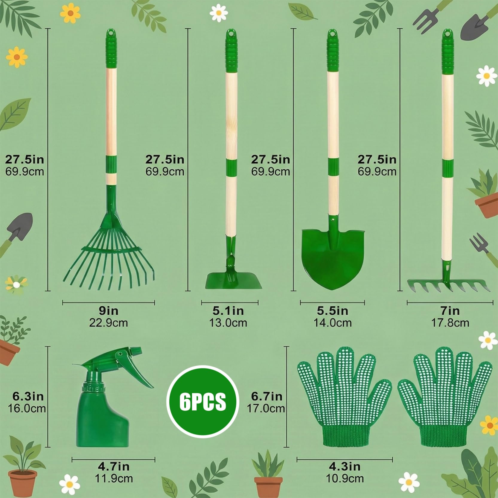 Attrezzi da Giardinaggio per Bambini 6 Pezzi con Pala e rastrello, Set di Giocattoli da Giardino per Esterni con Manico in Legno e Teste in Metallo per Bambini 3+