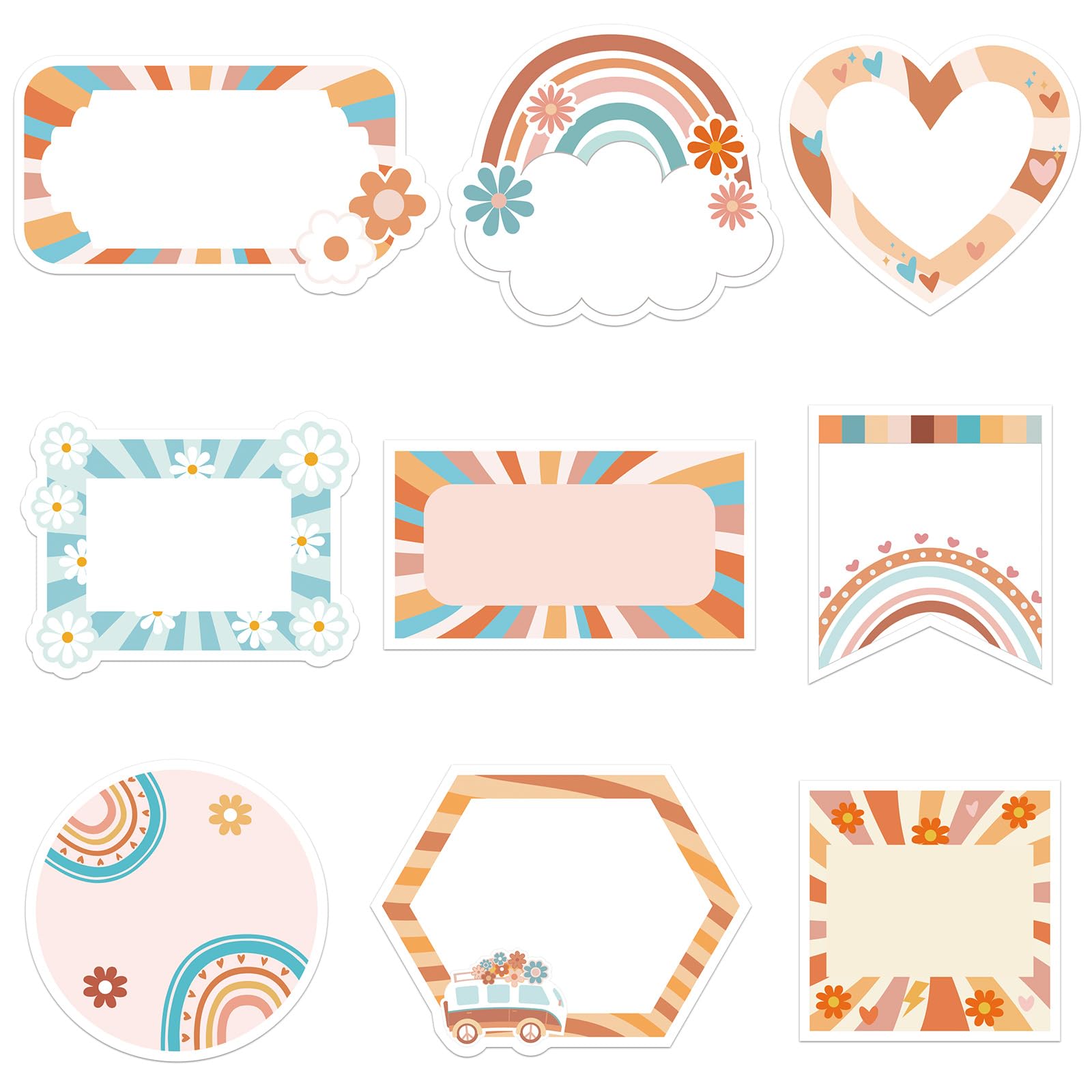Sabary 90 Pcs Boho Name Tags for Classroom Retro Groovy Daycare Name Labels for Clothes Desks Self Adhesive Rainbow Labels Stickers for Bulletin Board
