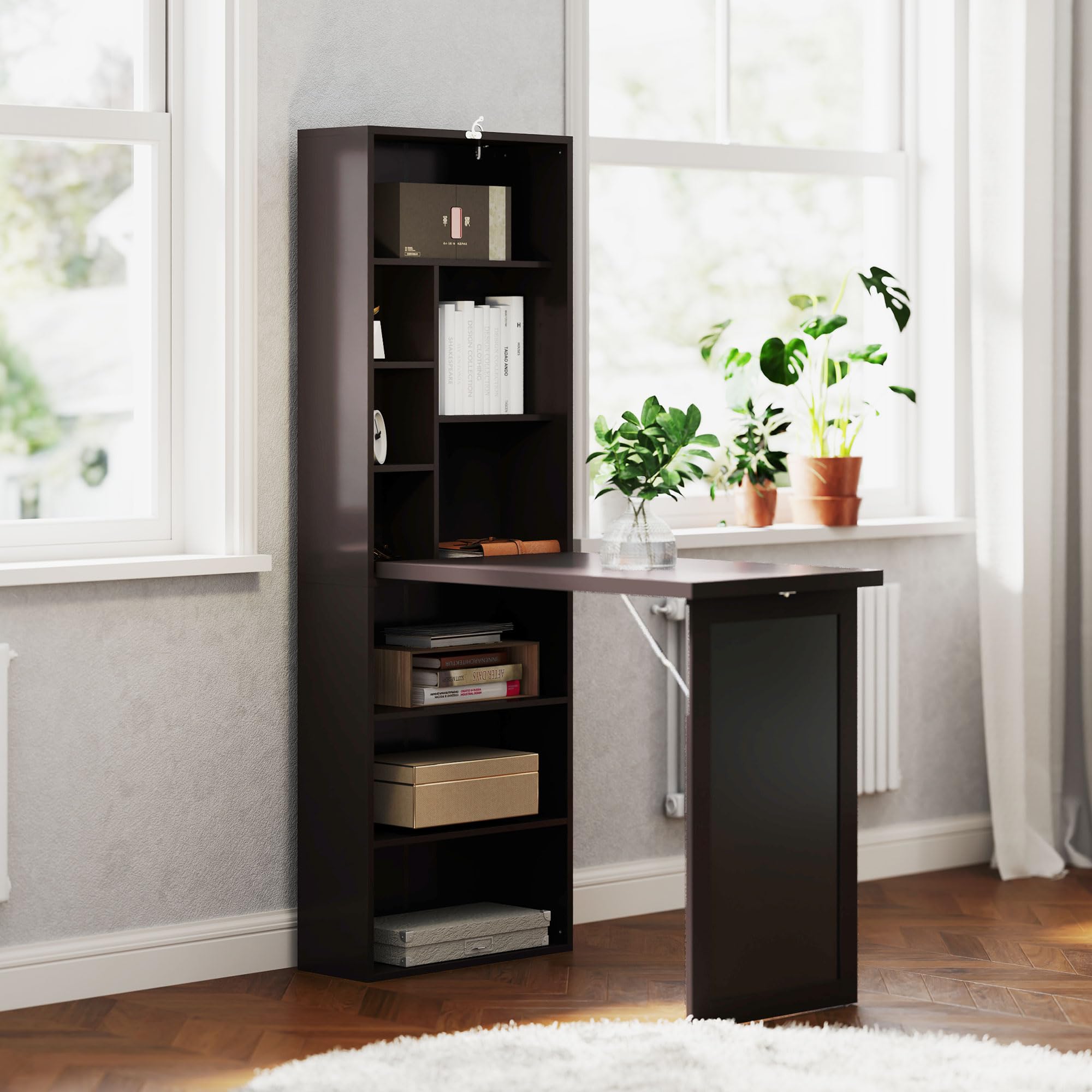 HOMCOM Escritorio Computadora Plegable, Escritorio con Biblioteca, Estación de Trabajo, Mesa Negro, 9 Compartimentos Abiertos y Estante Ajustable, Mesa de Ordenador para Dormitorio, 98 x 51 x 153 cm
