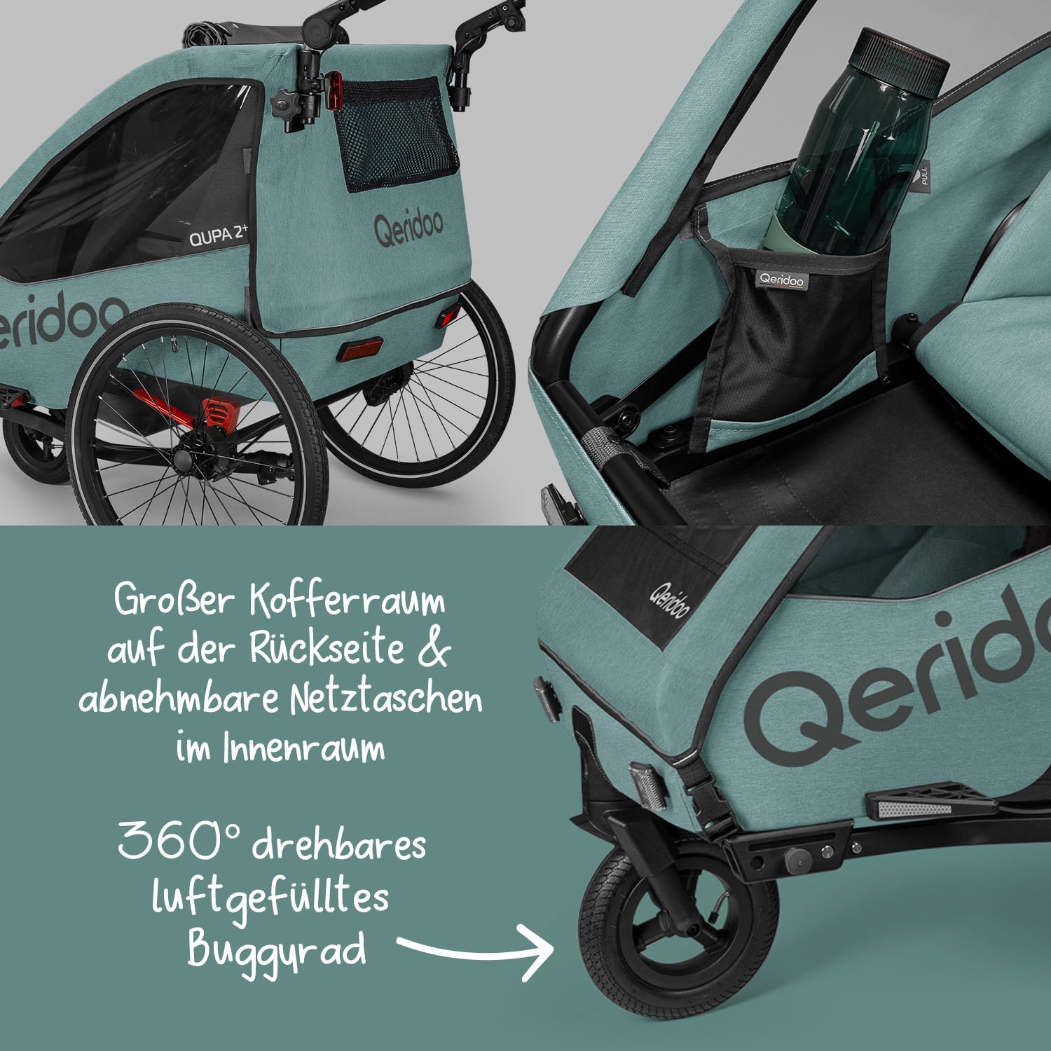 Qeridoo QUPA Plus Fahrradanhänger 1 oder 2 Kinder Premium-Federung 3-in-1-Funktion Jogger Kinderwagen Leicht Sicher Komfortabel