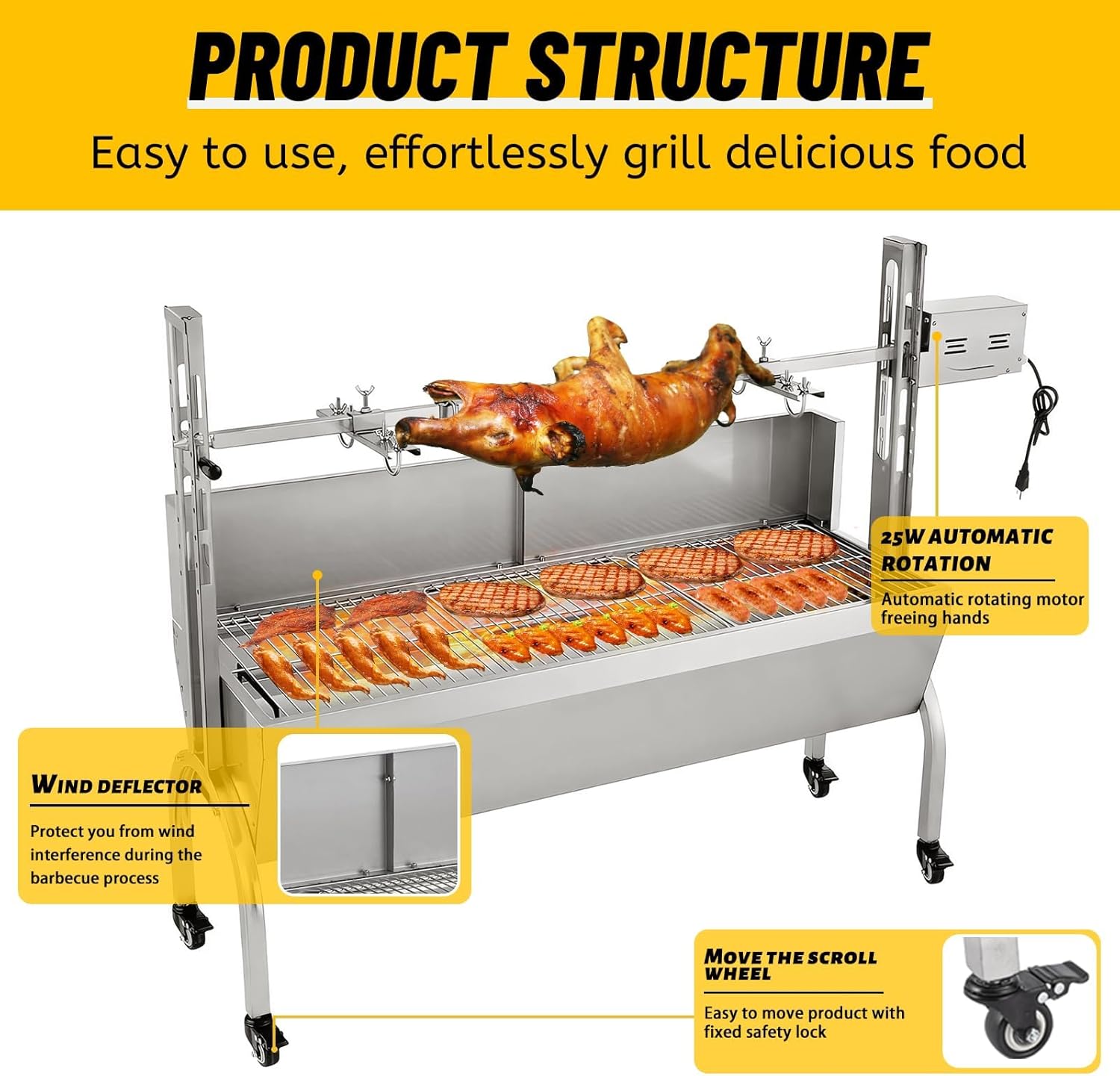 176LBS Rotisserie Grill with Hooded Cover, 25W Motor BBQ Lamb Pig Grill Roaster Rotisserie, 47" Stainless Steel Charcoal Grills for Camping Outdoor Barbecue