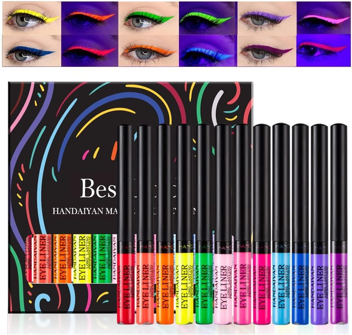 12 Colors Matte Liquid Eyeliner Set UV Glow Neon Rainbow Colorful Eyeliner Pencil Waterproof Long Lasting Smudge-proof Eye Liners Makeup Set Gift For Women (Set C)
