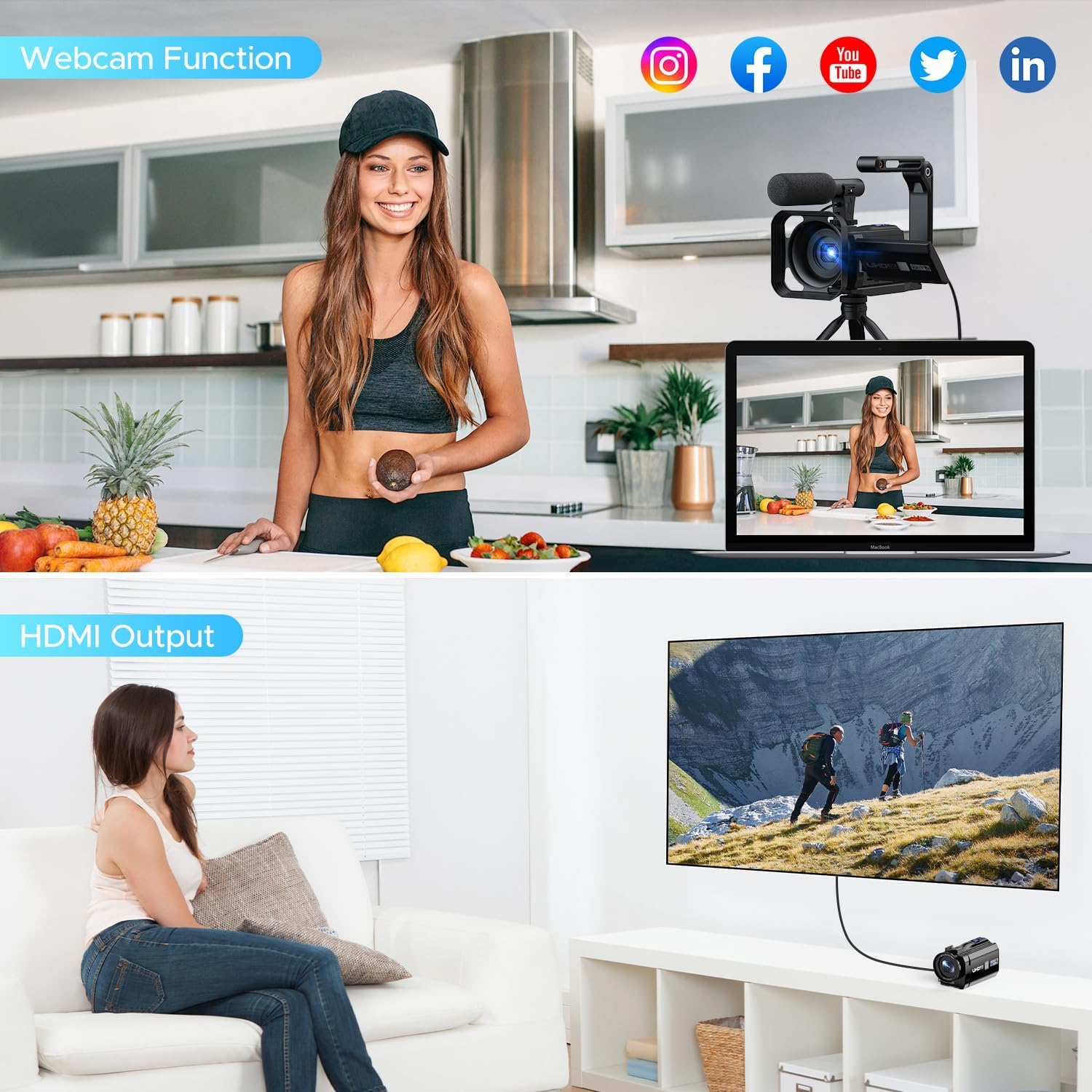 Videocamera 5K Camcorder 56MP WiFi IR Night Vision Vlogging Camera per YouTube Doppio Obiettivo 16X 3.0 Touchscreen Video Camera con 2 Batterie,Scheda 64G,Paraluce,Microfono