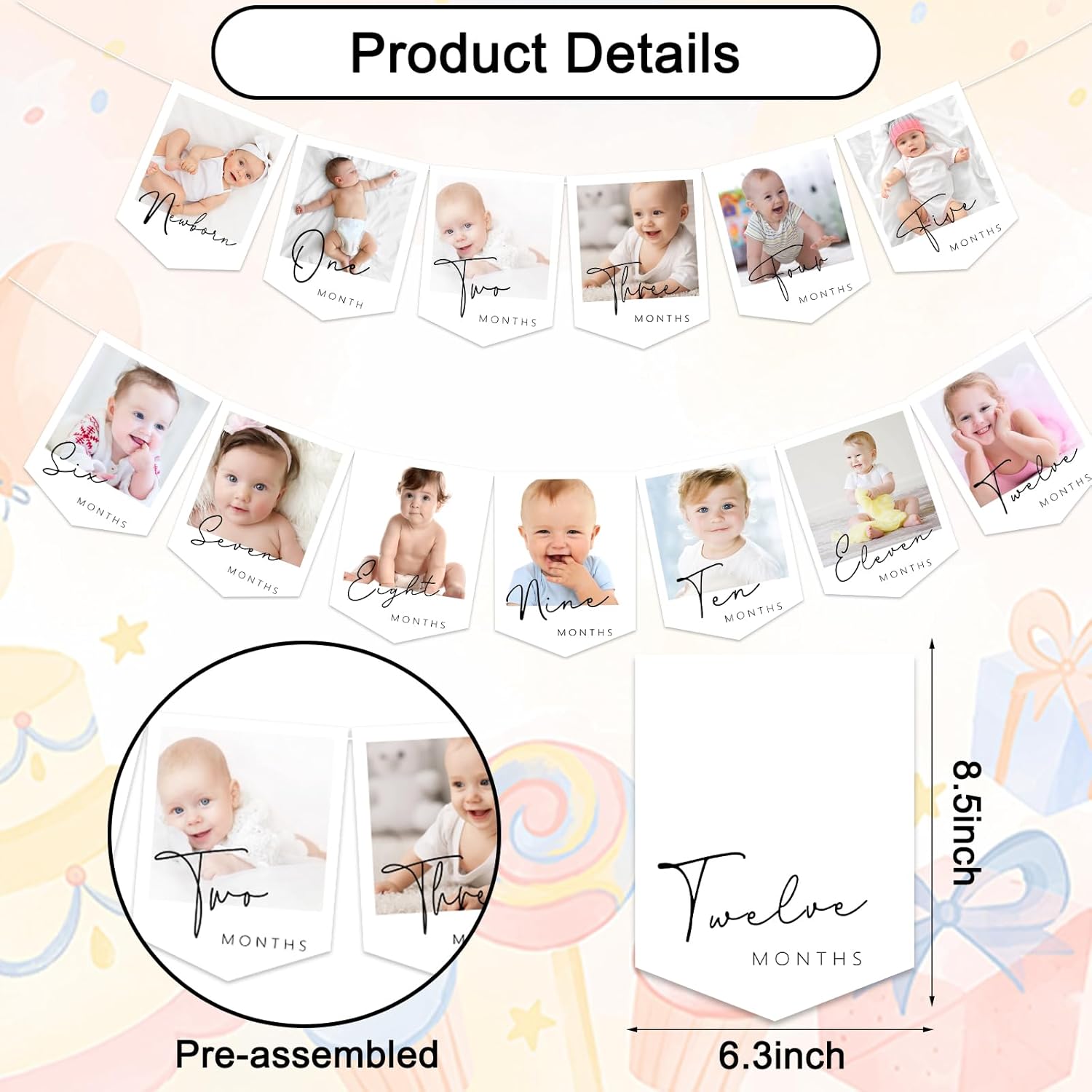 JarThenaAMCS 2Pcs 1st Birthday Baby Photo Banner for Newborn to 12 Months Monthly Milestone Photograph Bunting Garland Gender Neutral Picture Display Garlands for One Year Old Celebration Decor - Image 2