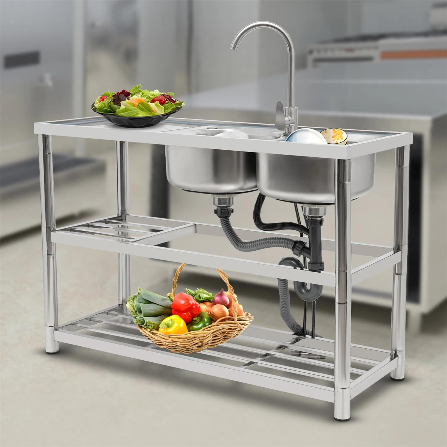 Évier de restaurant en acier inoxydable double bac avec robinet
