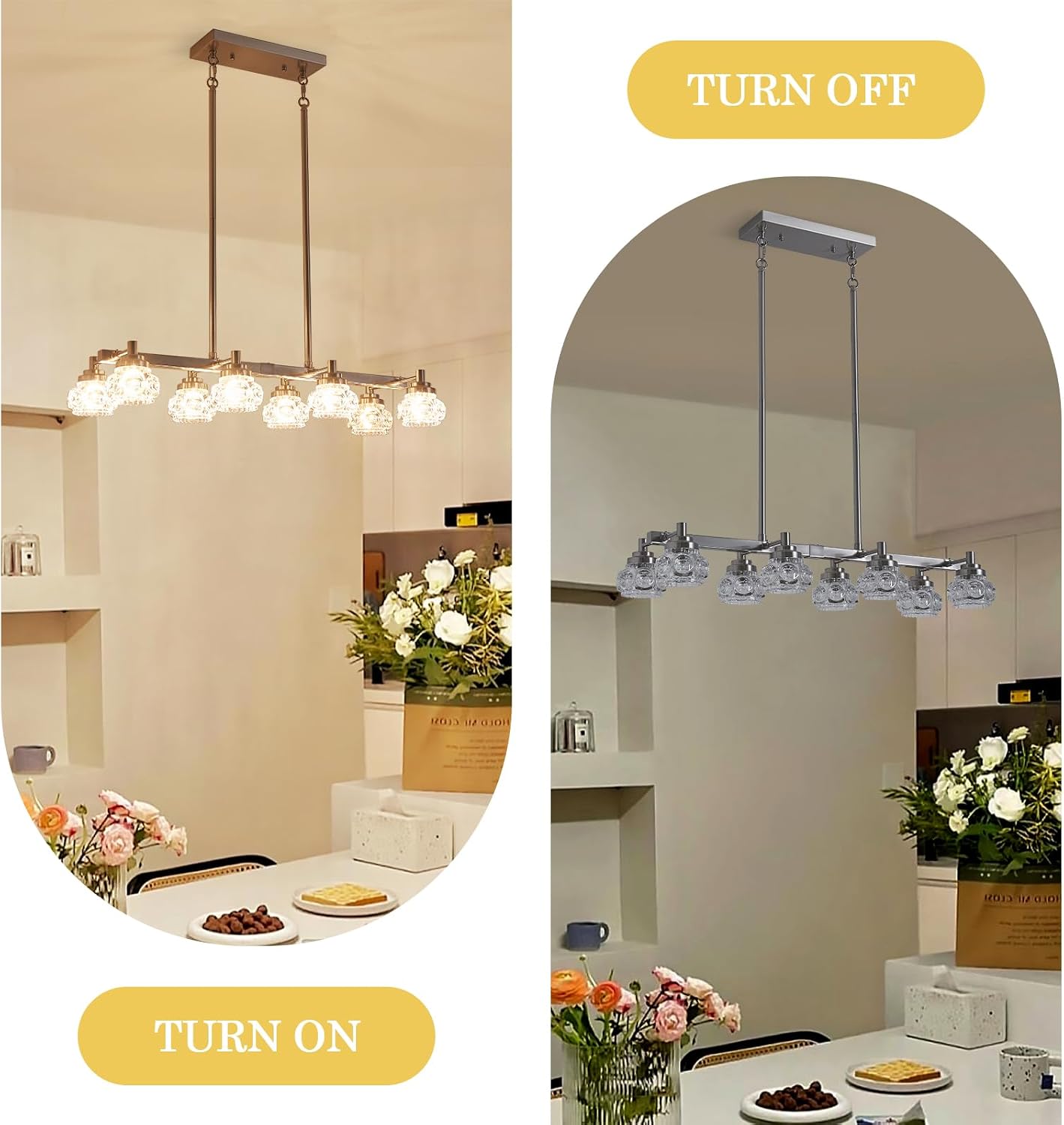 Brushed Nickel Dining Room Chandelier Over Table Modern Sputnik Rectangular Kitchen Island Light Fixture 31.5" Glass Linear 8-Light