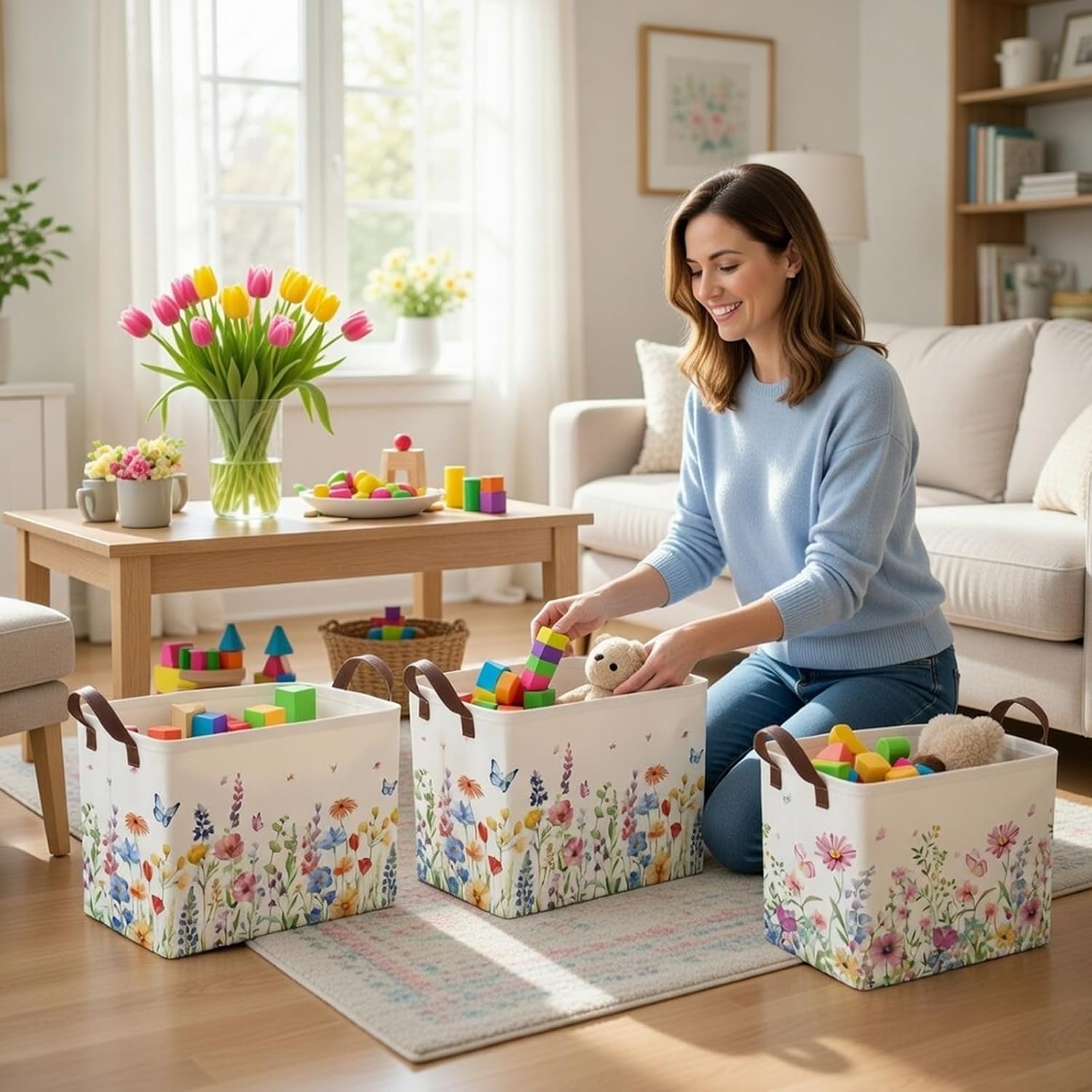3 Pcs Spring Floral Storage Baskets for Gifts Empty Collapsible Watercolor Flowers Large Watercolor Flowers Storage Bins Rectangle Clothes Butterfly Shelf Laundry Basket Organizer for Home