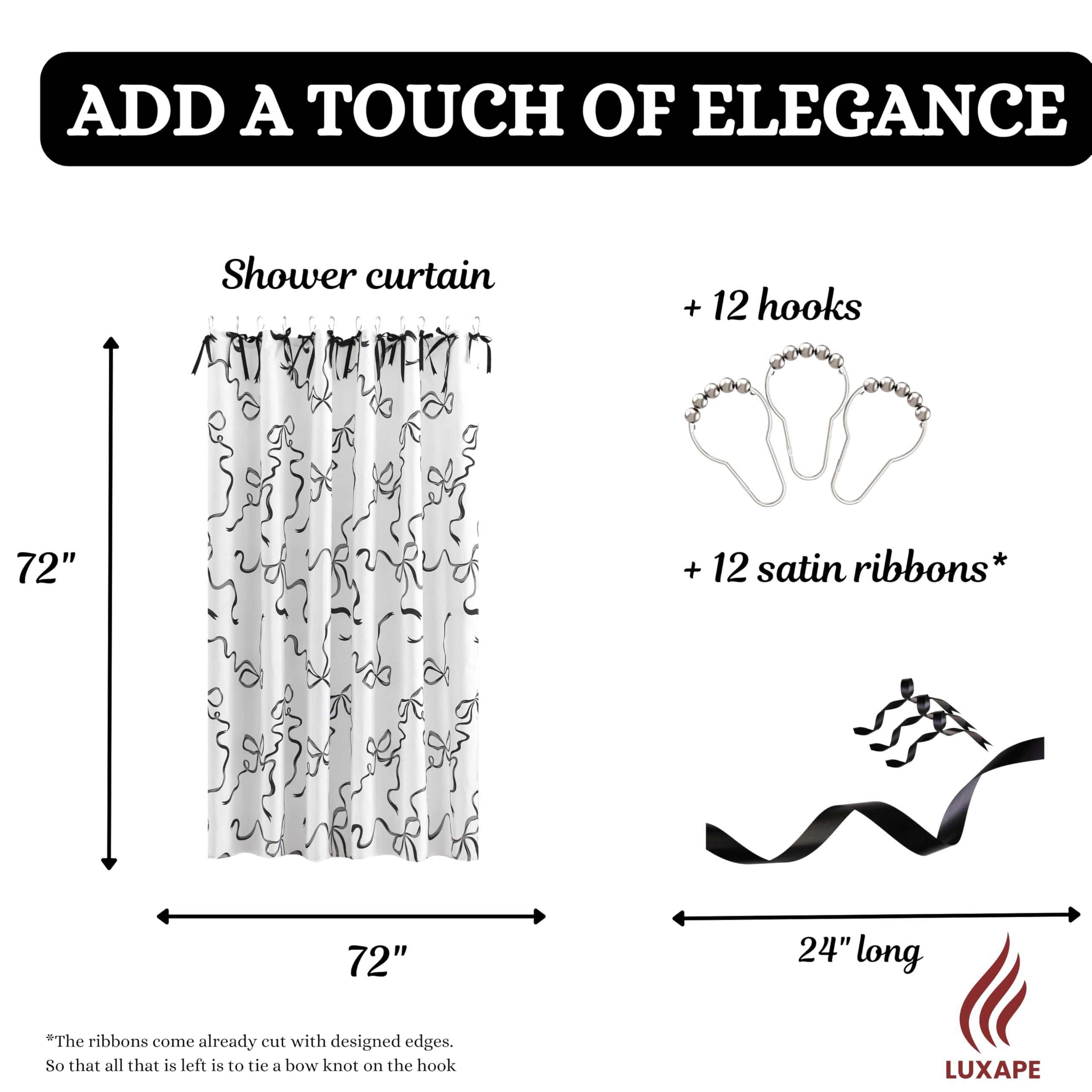Rideau de douche Coquette fabriqué à la main avec nœud papillon pour salle de bain principale, rideau de salle de bain froncé en microfibre avec 12 boutonnières, 183 x 182,9 cm (l x H) (noir
