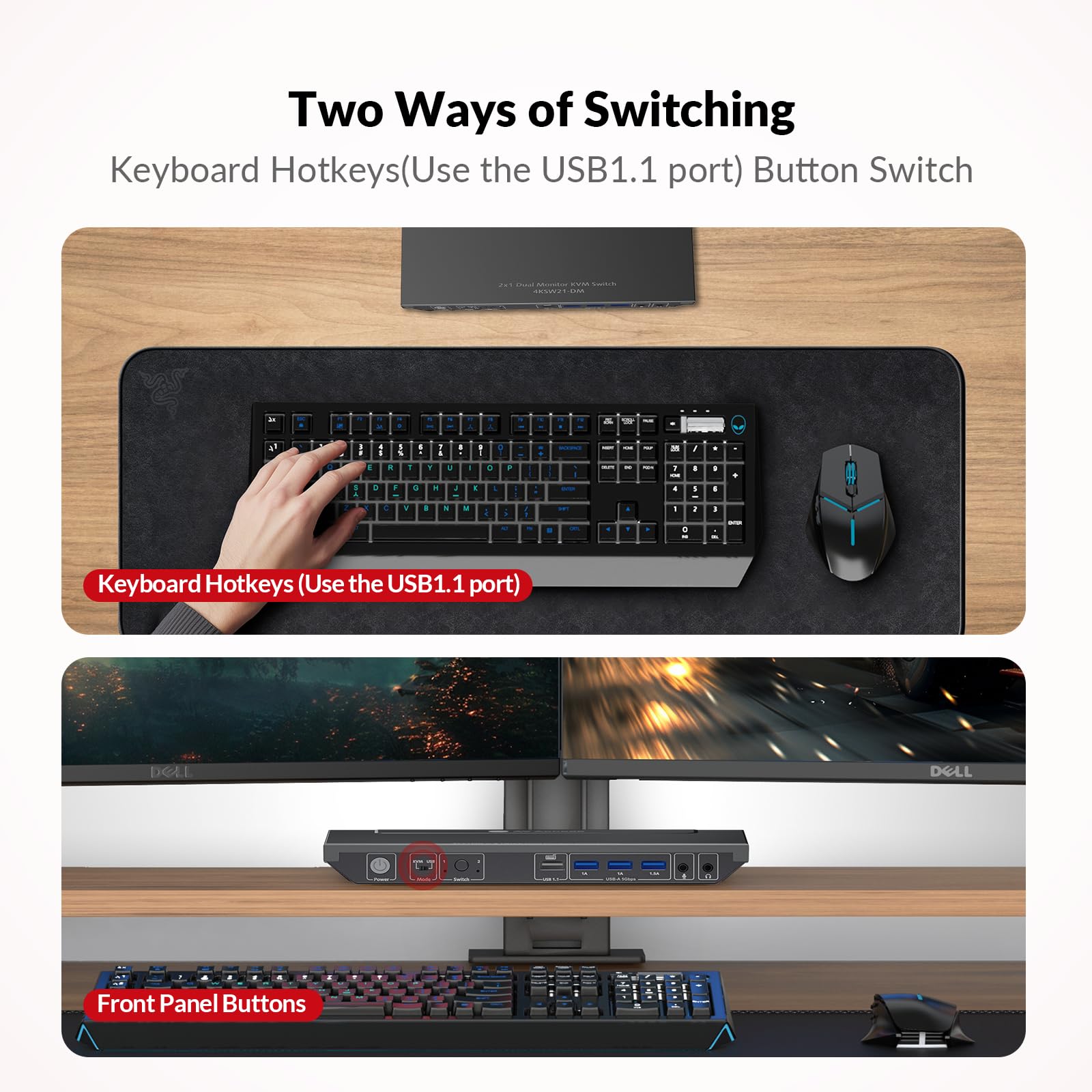 AV Access KVM Switch Doppio Monitor 2 Porte 4K@60Hz, 2K@144Hz, 1080P@240Hz, HDMI USB 3.0 Display Esteso 2 Monitor 2 Computer, Hotkey