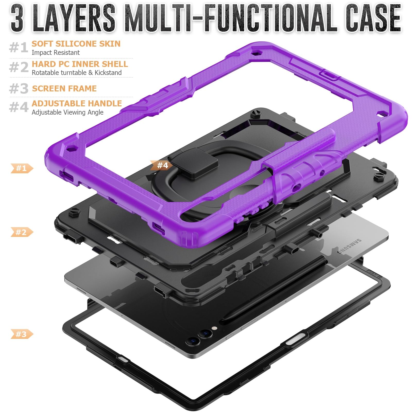 Custodia in TPU Resistente e Antiurto For Samsung Galaxy Tab S10 Plus 12.4" 2024 SM-X820/X826B/X828U For Bambini, Maniglia Girevole a 360 Gradi Staffa di Supporto W Protezione Schermo+Tracolla(Mor)