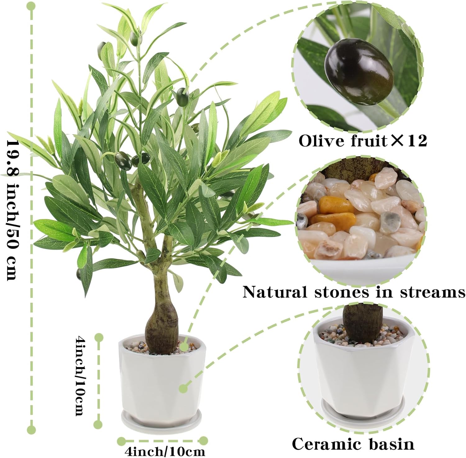 20" Artificial Olive Tree with Pot, Faux Green Potted Plants Indoor Fake Greenery Olive Branches Stems in Pot for Tabletop Desk Office Kitchen Living Room Bedroom Bathroom Home Decor