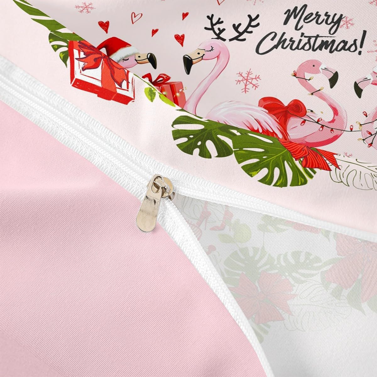 Merry Christmas Bedding Set King Size for Woman Men,Pink Flamingo Cartoon Bird Animal Comforter Cover with 2 Pillowcases,Winter Snowflake Green Leaves Duvet Cover Set Microfiber Quilt Cover
