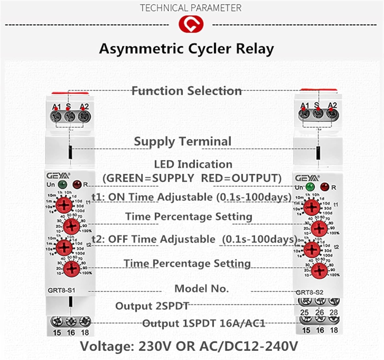 GRT8-S Asymmetric Cycle Timer Relay SPDT 220V 16A AC/DC12V-240V Electronic Repeat(GRT8-S1 AC230V)
