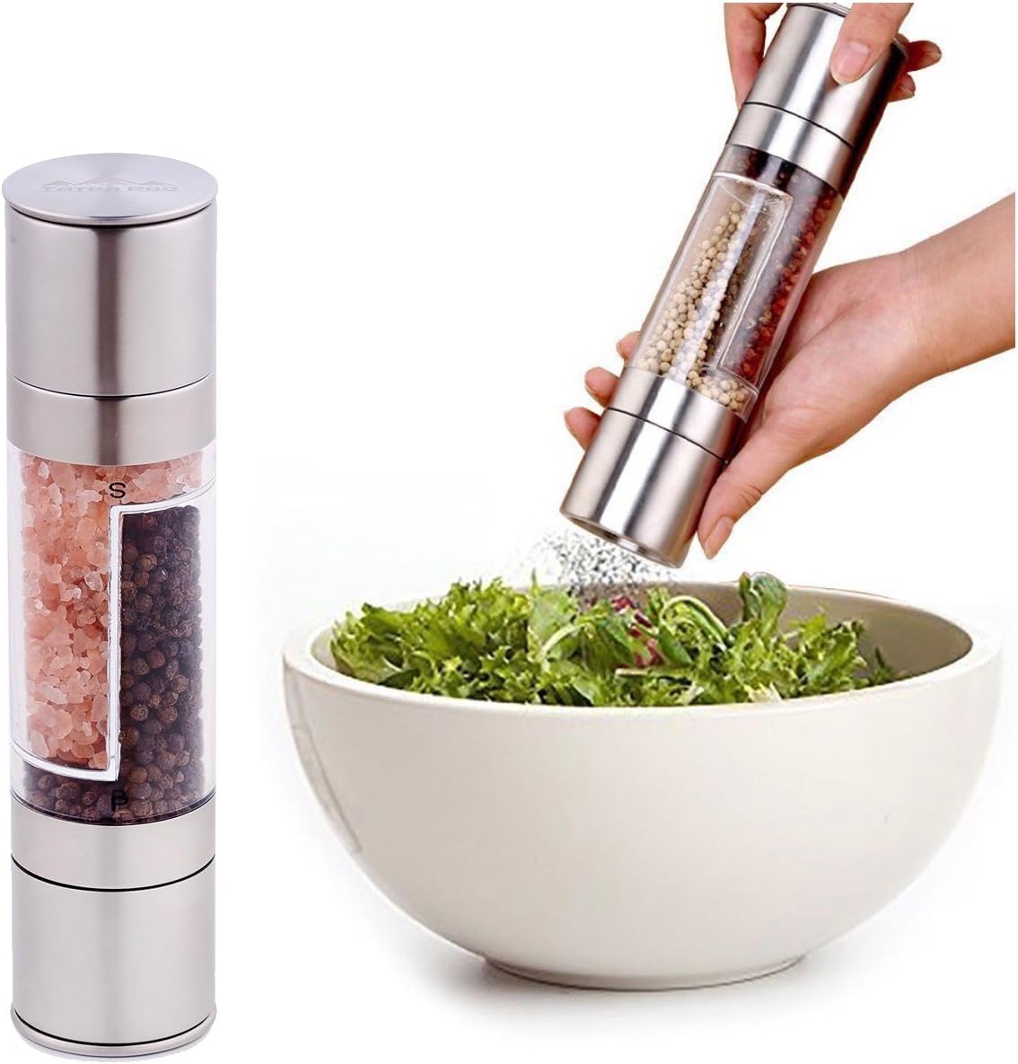 Salt And Pepper Grinders Combo Dual 2 in 1 Mills,Brushed Stainless Steel With Ceramic Rotors And Durable Clear Acrylic Body,Adjustable Coarseness,Salt And Pepper Shakers by Tatra Pro (8.75"x2")